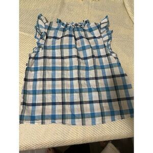 a.n.a Top Size PXL Womens White Blue Plaid Short Sleeve Mock Neck Blouse